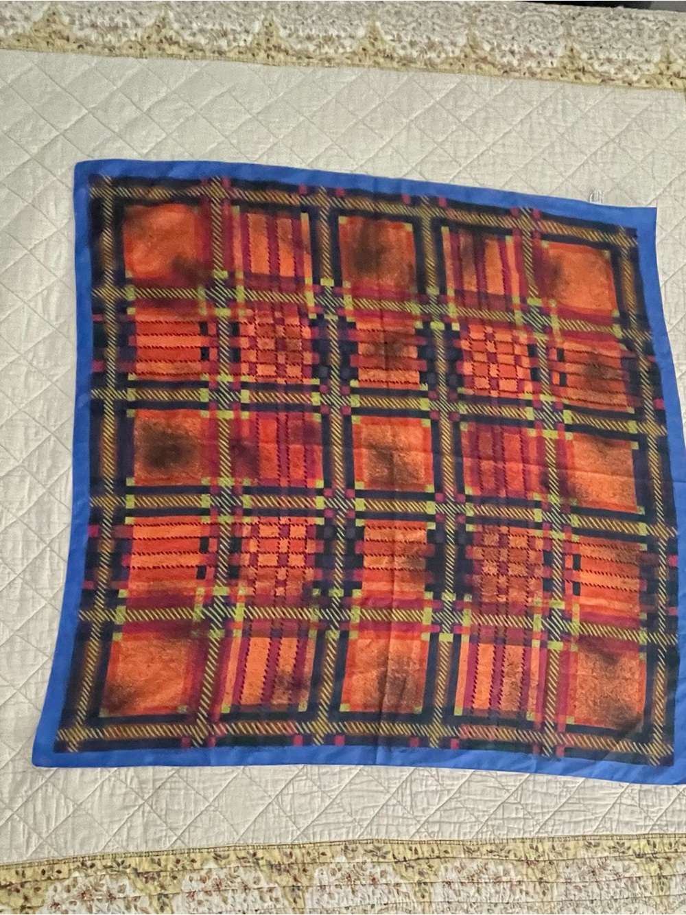 Vintage Totes Square Polyester Geometric Plaid Grid Scarf Orange Blue Brown